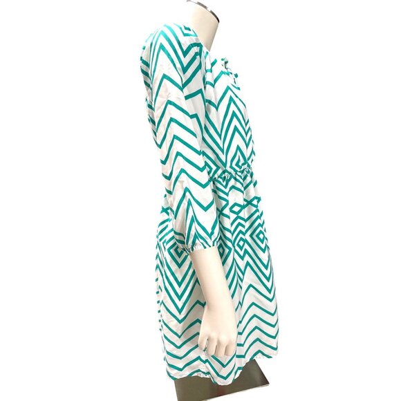 My Michelle Size XL White Teal Chevron Tie Neck Lined Laceback Boho Resort Dress - Picture 5 of 12